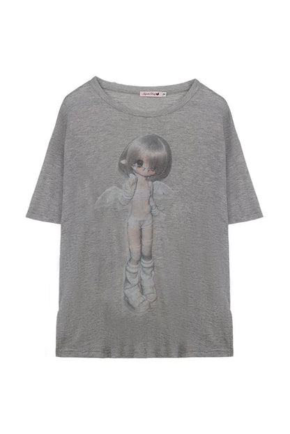 Angel Girl Print Sheer Loose Top