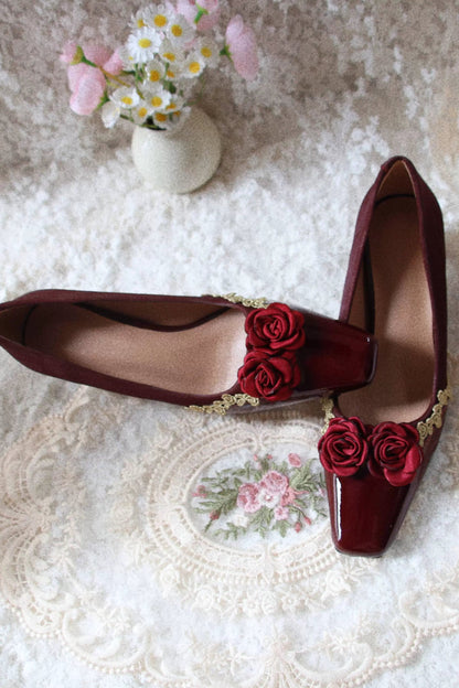 レトロスクエアトゥフレンチレザーステッチフラットヒール