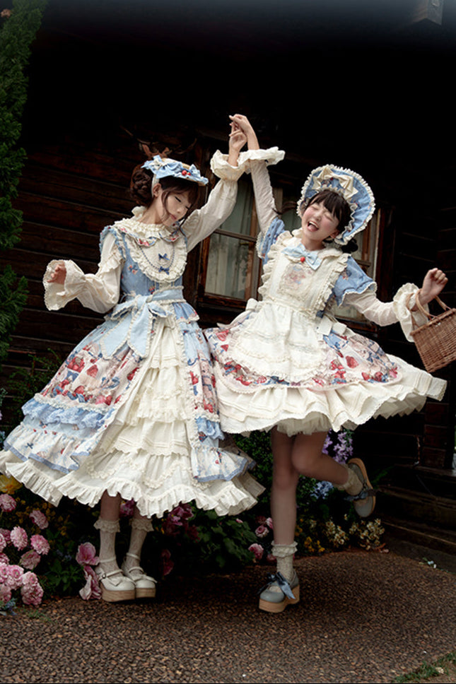 Rabbit Berry Embroidery Print Dress + Bonnet + Hat
