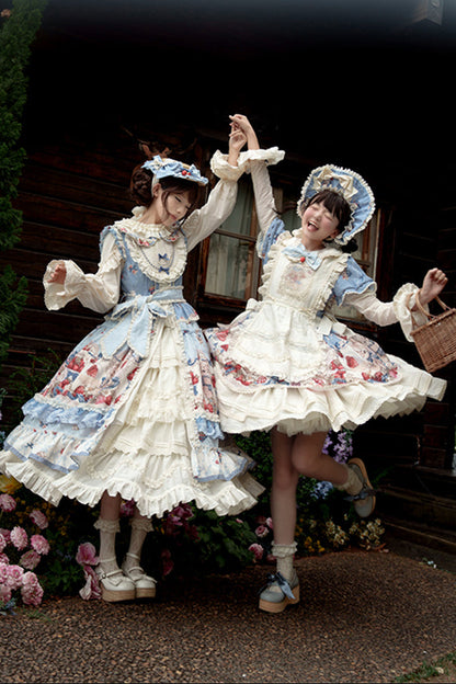 Rabbit Berry Embroidery Print Dress + Bonnet + Hat