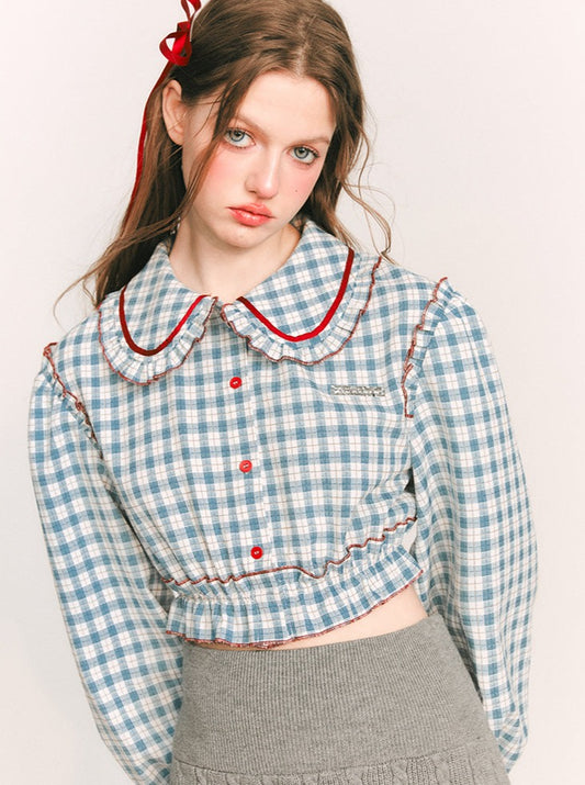 French Doll Color Puff Sleeve Short Check Top