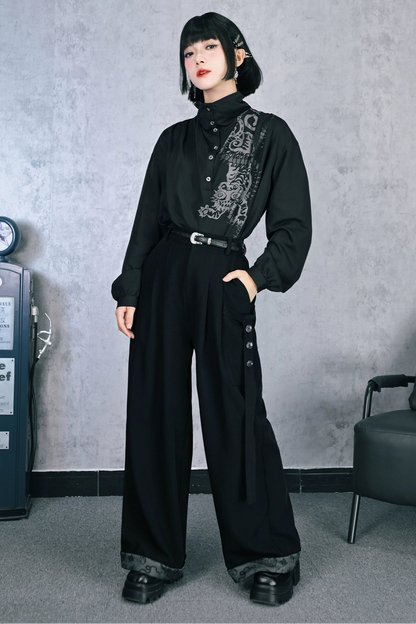 Trend Button Streamer Black Casual Pants