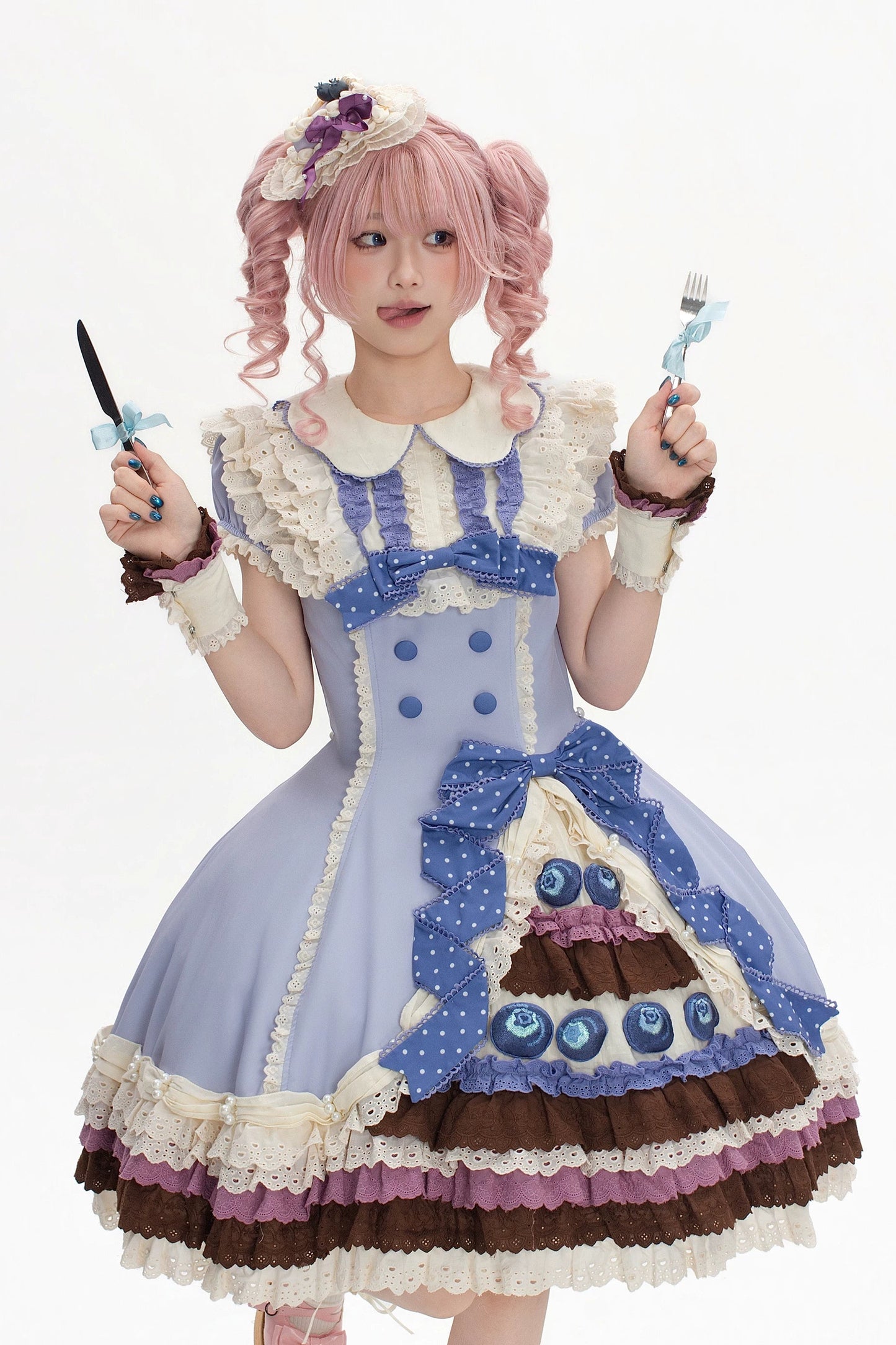【8月8日予約締切】ブルーベリーカフェロリータOPドレス（ショート・ロング）＋エプロン＋ケーキミニハット