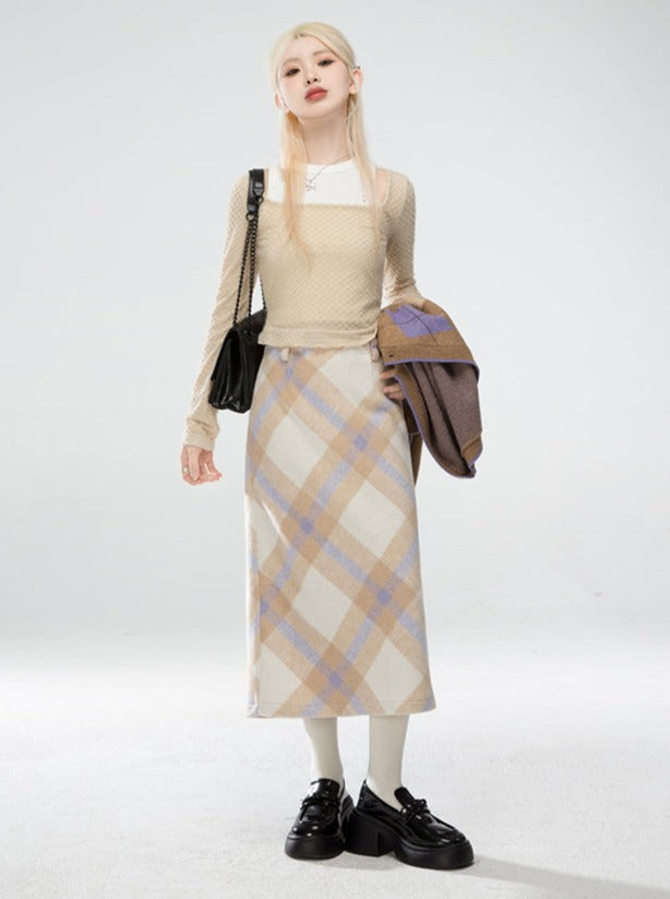 Milk Tea Argyle High Waist Draped Check Skirt