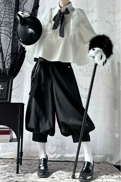 [Pre-order Deadline: September 28] Prince Lolita White Lace Ruffle Shirt + Long Balloon Pants (with Black Stripe Bow Tie + Waist Ribbon Accessory)