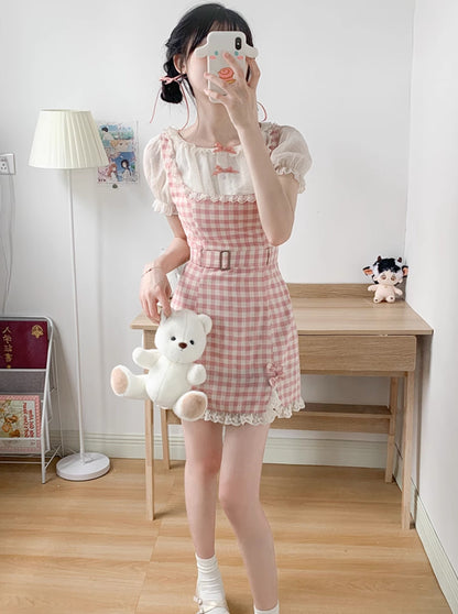 Retro pink check dress + frill ribbon tops