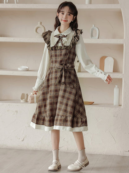 French Hepburn Style Retro Brown Ruffle Suspender Skirt