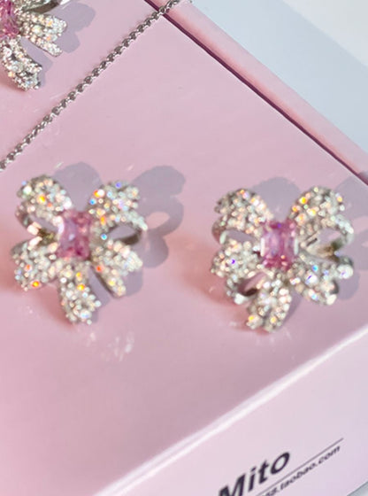 Silver Ribbon Pink Diamond Earrings