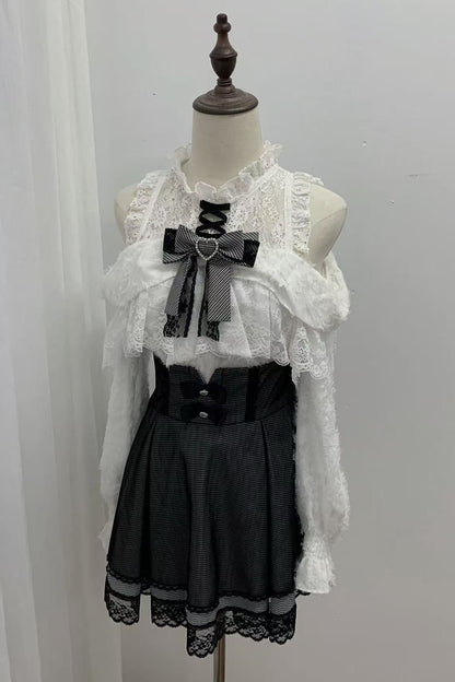 【1月6日予約締切】ホワイトレースオフショルダーリボンニットトップス＋千鳥格子スカート