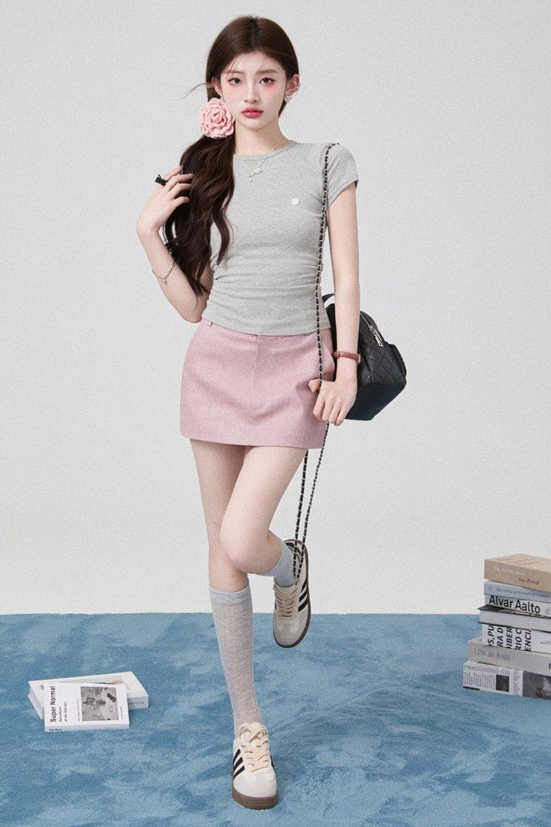 Round Neck Slim Top + Short Hip Skirt