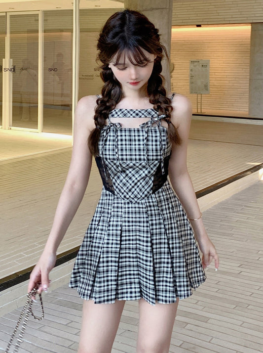 CreamySweet Sweet & Cool Waist Lace Design Acetate Plaid Slip Dress Japanese Sweet Dress