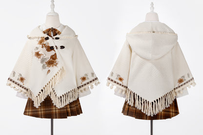 Retro Flower Design Cloak + Check Skirt + Shirt