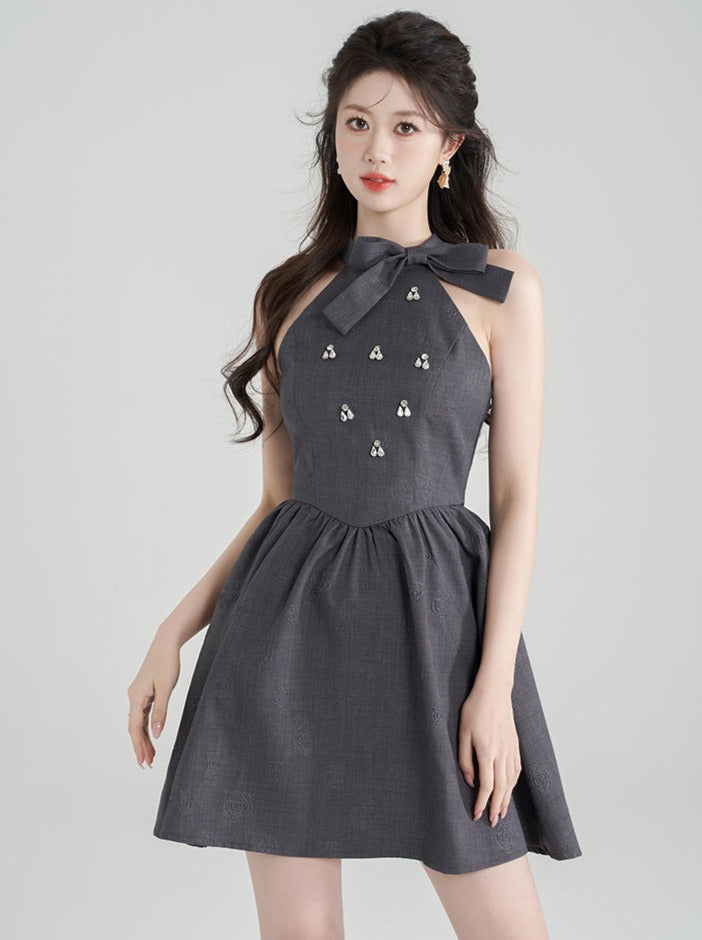 High End Sleeveless Jacquard Gray Halter Neck Dress