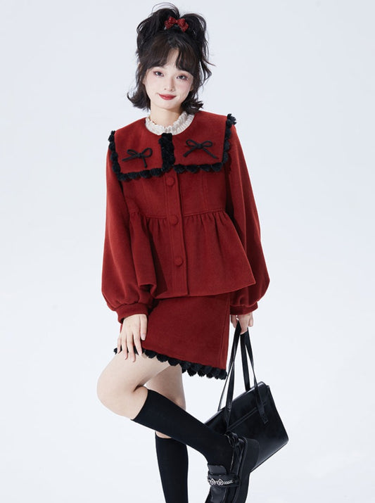 Christmas Red Navy Color Wool Coat + Skirt