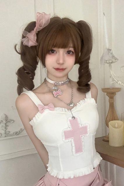 [Reservation product] Love Prelude Sweet Ribbon And Cross Top + Skirt