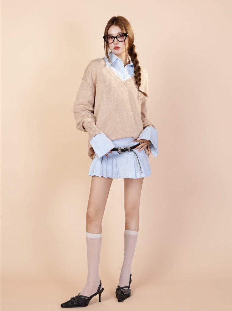 Chemise rétro style collège + jupe plissée + pull