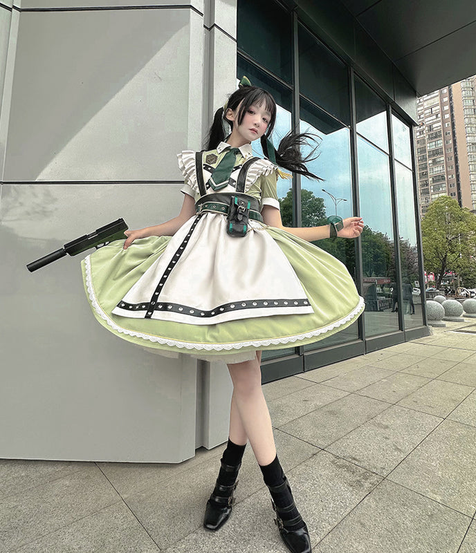 Schwarz-grünes Militär-Maid-Lolita-Kleid Komplettset