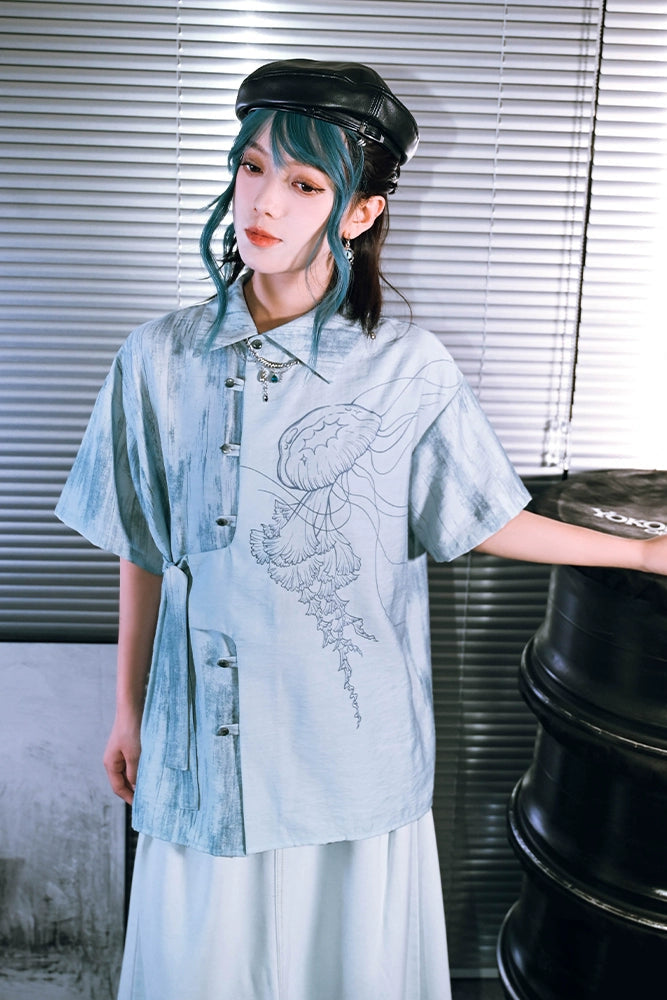 アシメアイスブルーデザイントップス