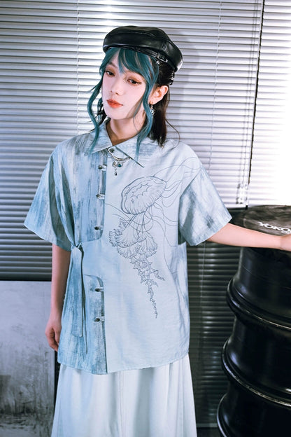 アシメアイスブルーデザイントップス