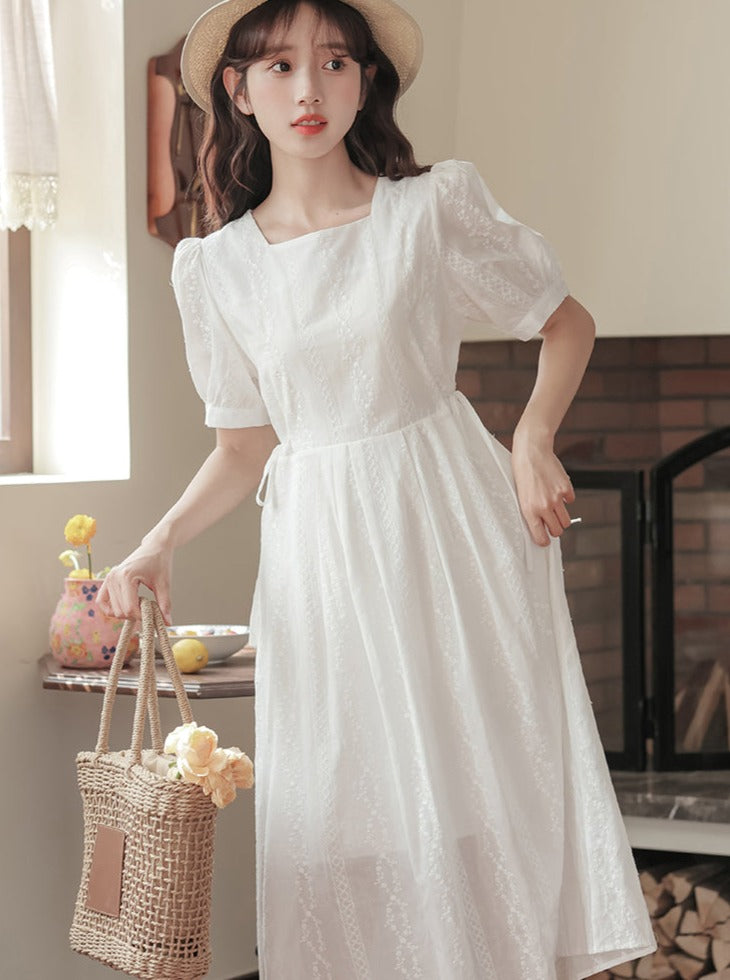 Square color puff sleeve waist dress