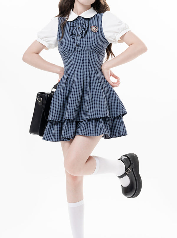 カレッジチェックフリルスタイルティアードワンピース