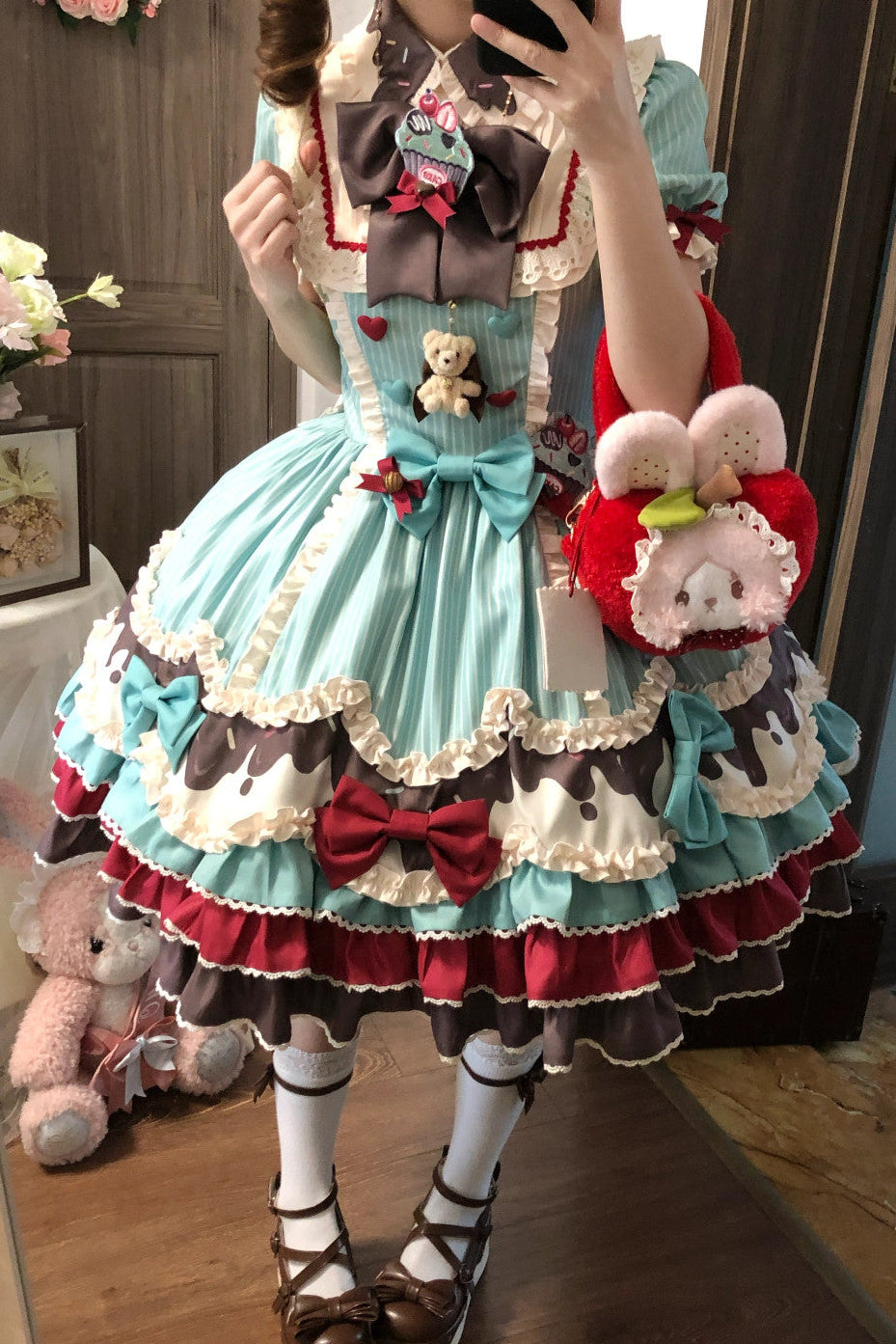 【3月20日予約締切】ミントチョコレートロリータドレス+スリーブ+エプロン+クリップ+ハット+テール