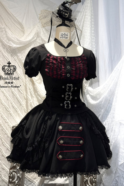 Original from Jiuyu Market: Black and Red Plaid Puff-Sleeve Knit Top with Military-Style Mesh Cake Skirt Set