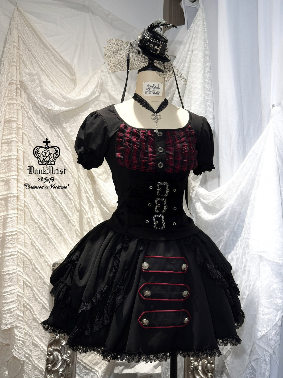 Original from Jiuyu Market: Black and Red Plaid Puff-Sleeve Knit Top with Military-Style Mesh Cake Skirt Set