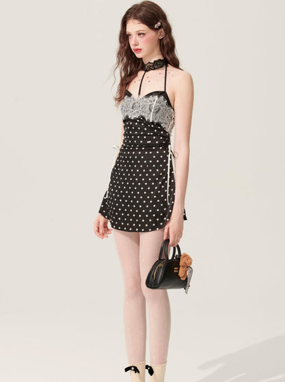 [5 月 31 日 20 时发售] 少眼珍珠坠黑色圆点半身蕾丝连衣裙女装夏装