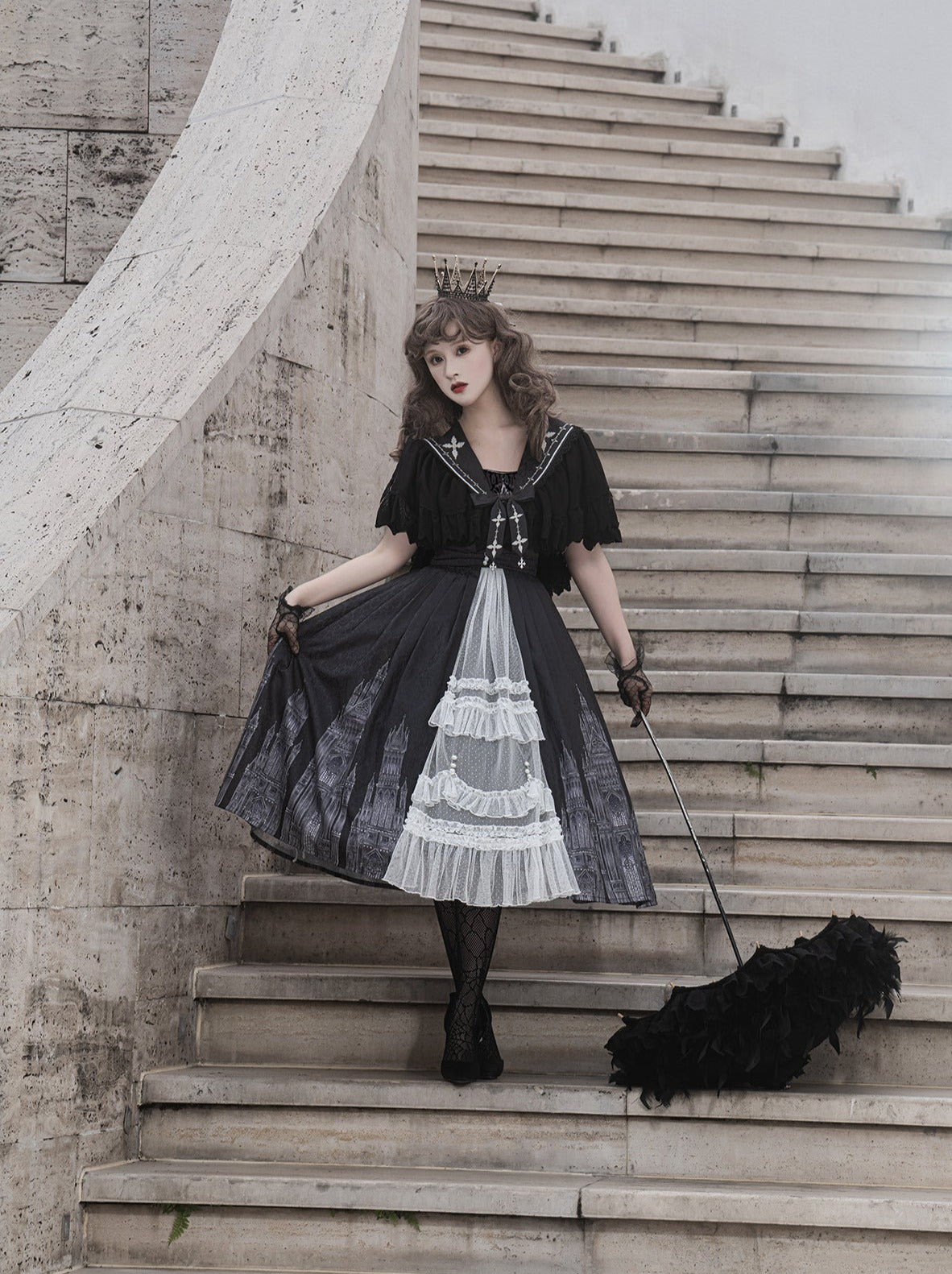 Elegant Gothic Suspender Skirt + Shawl