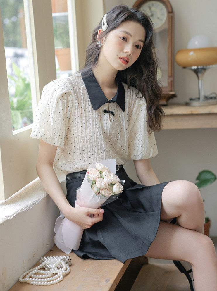 Retro China Buckle Design Dot Summer Shirt