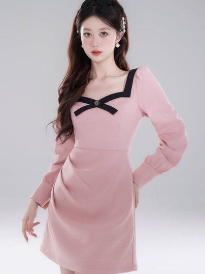 French Square Collar Pink Waist Bow Dress