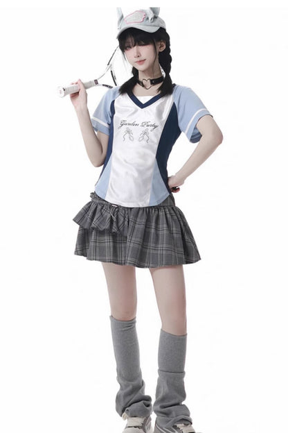Blue Jersey Design Top + Ruffle Skirt + Hooded Top
