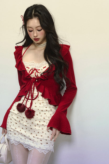 Cherry Red Little Flower Tight Dress + Pom Pom Cardigan