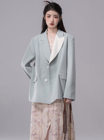 Contrast Green Field Pearl Lapel Collar Jacket