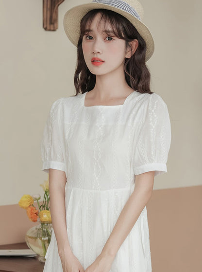 Square color puff sleeve waist dress