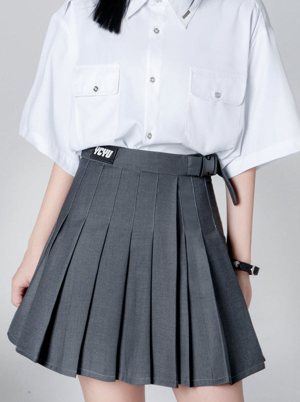 Buckle belt stitch pleated skirt