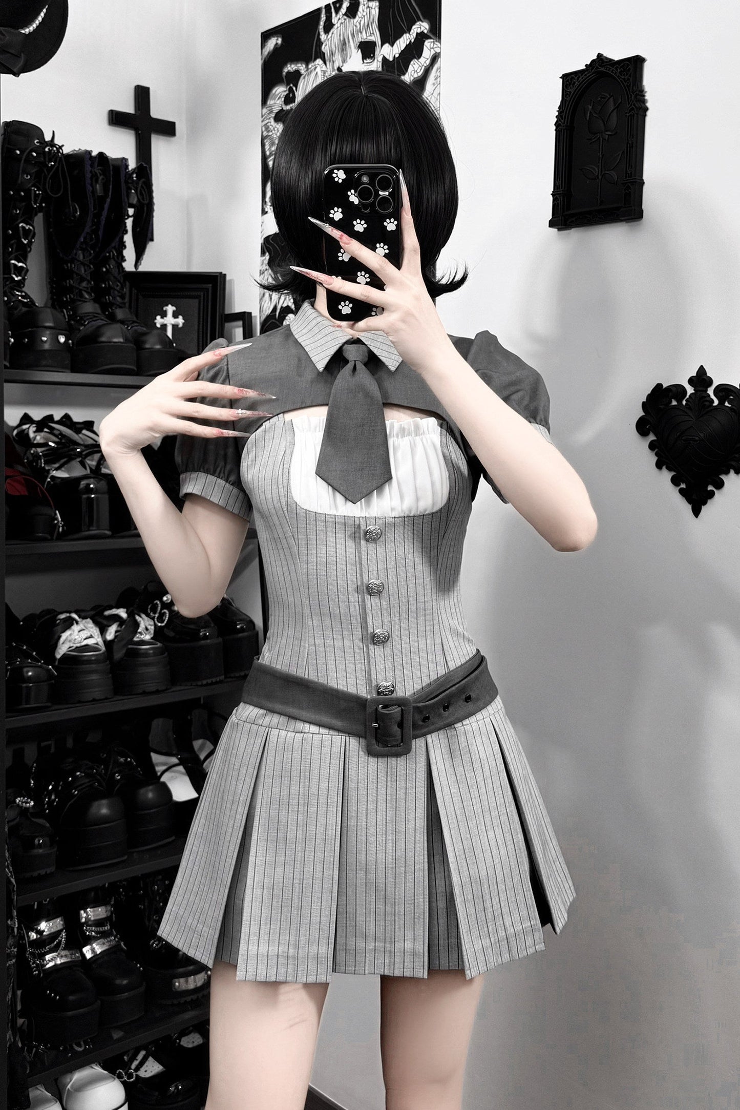 【4月15日予約締切】グレーピンストライプタイカラーショートジャケットドレスフルセット＋ジュエルキャスケット