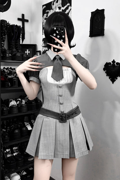 【4月15日予約締切】グレーピンストライプタイカラーショートジャケットドレスフルセット＋ジュエルキャスケット