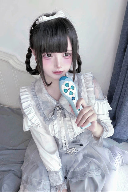 【11月15日予約締切】Light Blue Lace Collar Frill Shirt + Pearl Bow Layered Lace Skirt + Rhinestone Ribbon Tie