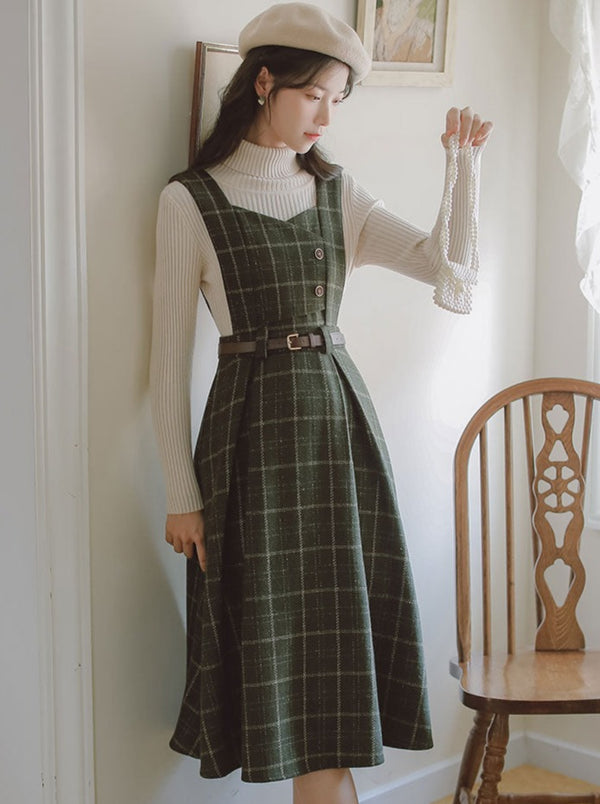High Neck Rib Knit + Checked Suspender Skirt