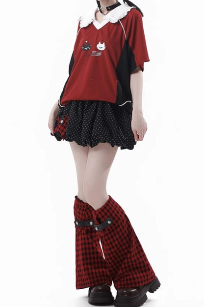 レースカラーオーバートップス＋バルーンスカート＋ロングパンツ＋レッグウォーマー