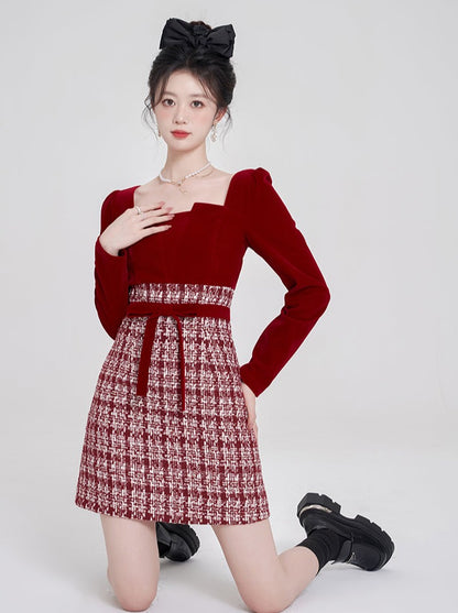 Red Check Tweed Ribbon Velour Dress