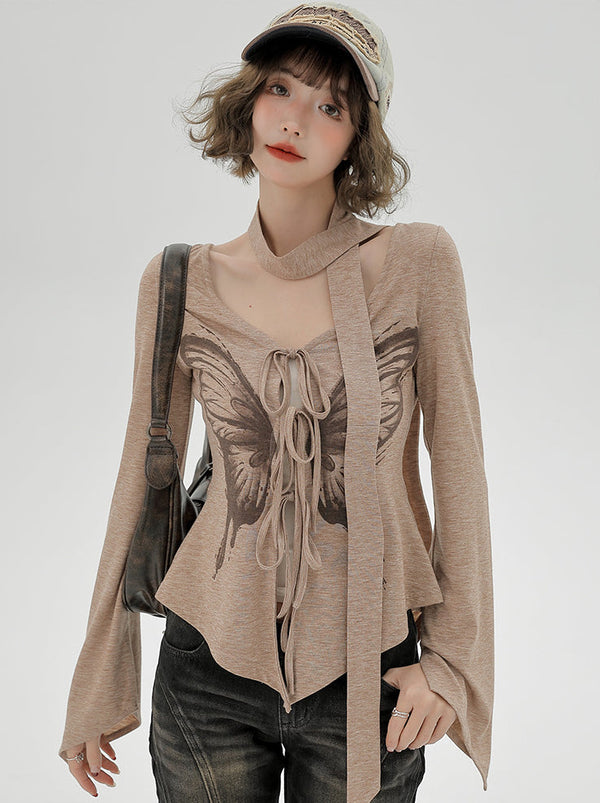 アメリカンレトロバタフライプリントスリムイレギュラートップス