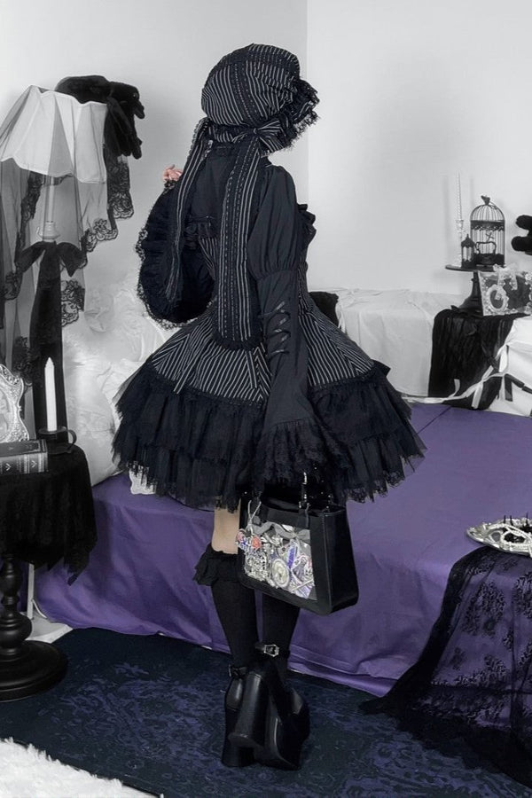 ラビットダークゴシックホワイトブラックストライプケープドレスフルセット