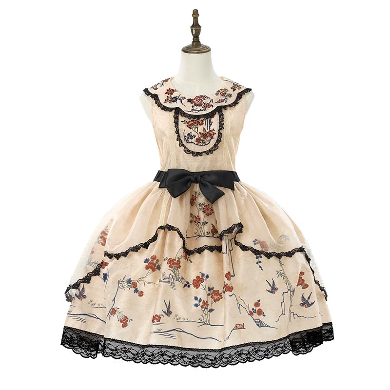 Blumen- und Vogeldruck-Kleid + Oberteil + Jacke + Hut