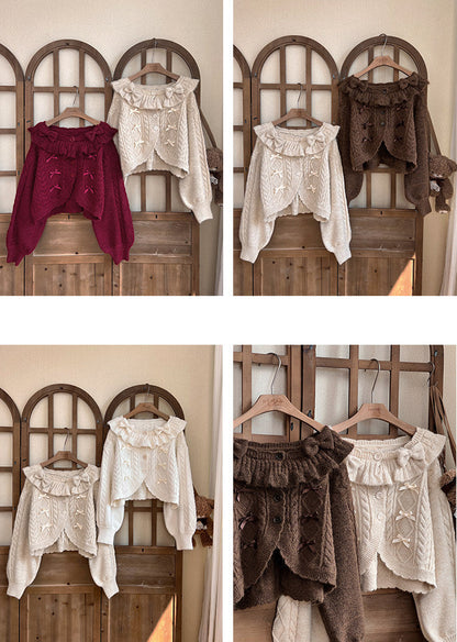 Ruffle Ribbon Lantern Sleeve Knit Cardigan