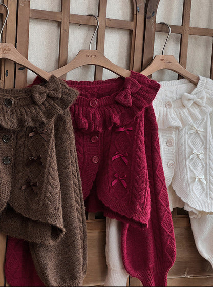 Ruffle Ribbon Lantern Sleeve Knit Cardigan