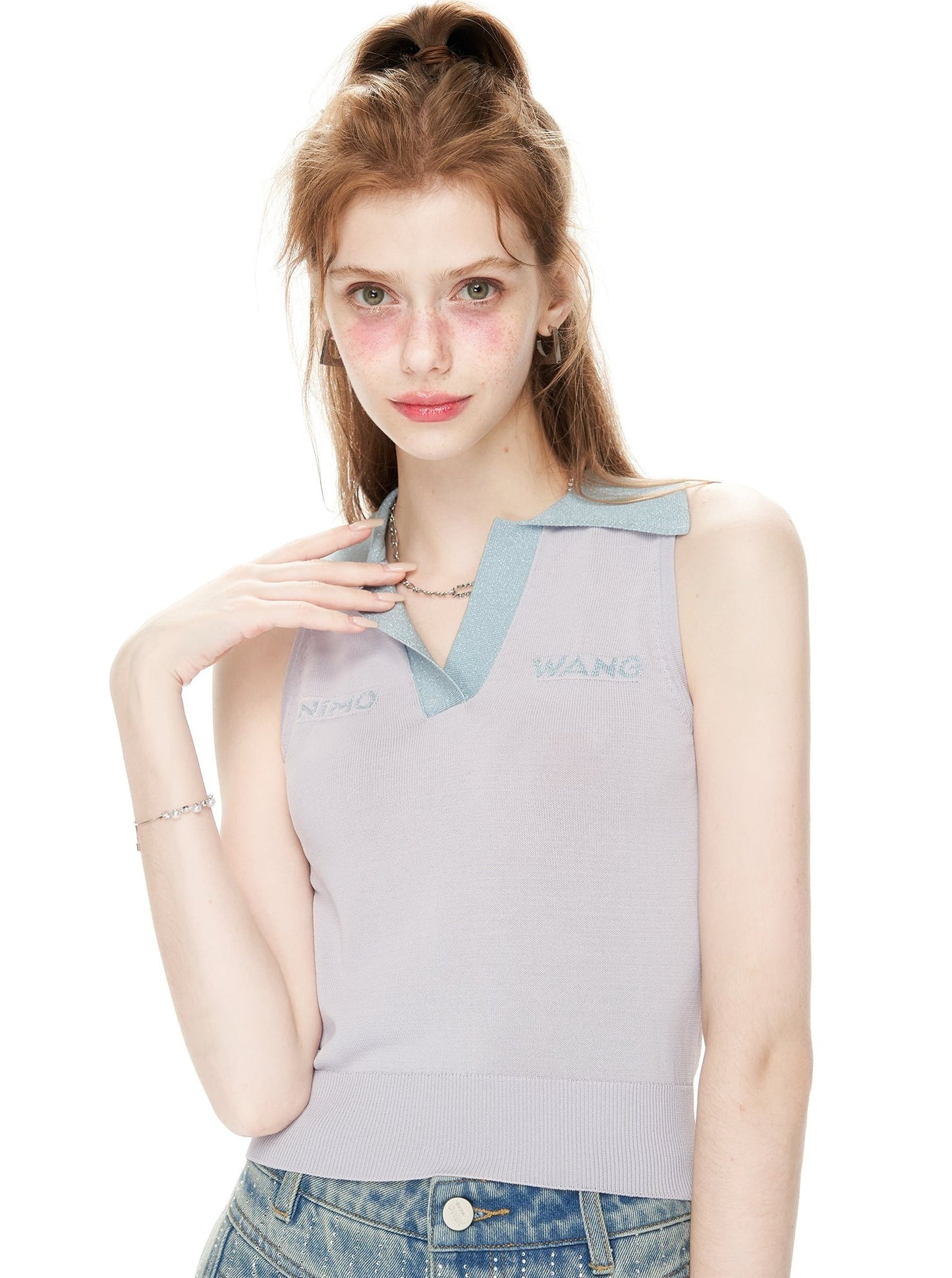 Basic Summer Logo Jacquard Polo Collar Strap Knit Top