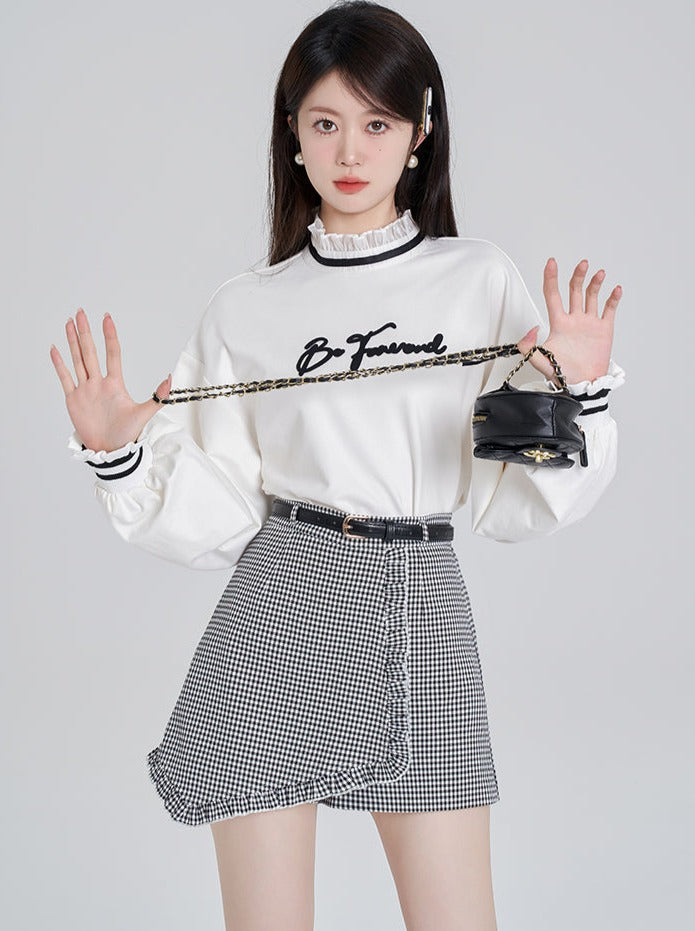 Lace Stand Collar Sweat Top + Asymmetrical Check Skirt